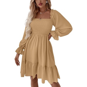 image:imageLYANER Womens Square Neck Lantern Long Sleeve Shirred Ruffle A Line Flowy Party Mini DressSolid Khaki