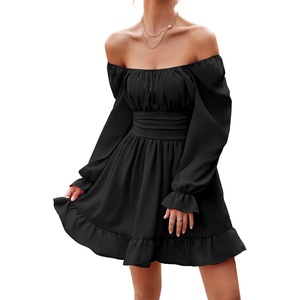 image:imageLYANER Womens Square Neck Off The Shoulder Tie Back Elastic Waist Long Sleeve Ruffle Hem Short Mini DressBlack