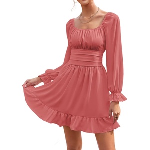 image:imageLYANER Womens Square Neck Off The Shoulder Tie Back Elastic Waist Long Sleeve Ruffle Hem Short Mini DressCoral Pink