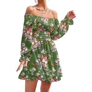 image:imageLYANER Womens Square Neck Off The Shoulder Tie Back Elastic Waist Long Sleeve Ruffle Hem Short Mini DressFloral Dark Green