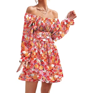 image:imageLYANER Womens Square Neck Off The Shoulder Tie Back Elastic Waist Long Sleeve Ruffle Hem Short Mini DressFloral Red
