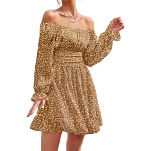 image:imageLYANER Womens Square Neck Off The Shoulder Tie Back Elastic Waist Long Sleeve Ruffle Hem Short Mini DressLeopard Brown
