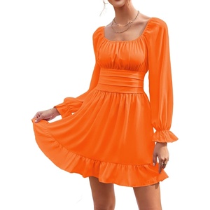image:imageLYANER Womens Square Neck Off The Shoulder Tie Back Elastic Waist Long Sleeve Ruffle Hem Short Mini DressOrange