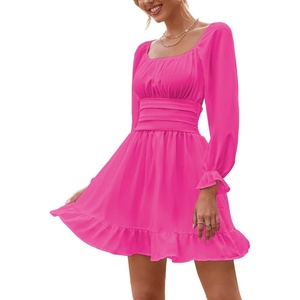 image:imageLYANER Womens Square Neck Off The Shoulder Tie Back Elastic Waist Long Sleeve Ruffle Hem Short Mini DressRose Red