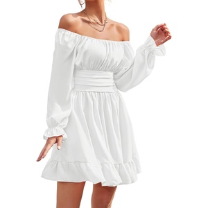 image:imageLYANER Womens Square Neck Off The Shoulder Tie Back Elastic Waist Long Sleeve Ruffle Hem Short Mini DressWhite