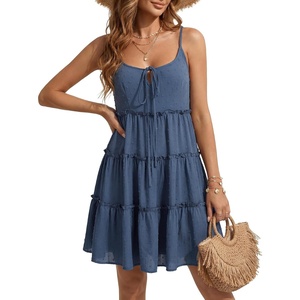 image:imageLYANER Womens Swiss Dot Spaghetti Strap Tie Smocked Tiered Flowy Beach Vacation Mini SundressDark Blue