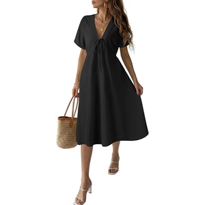 image:imageLYANER Womens Tie Front Deep V Neck Ruffle Short Sleeve A Line Sexy Midi DressBlack