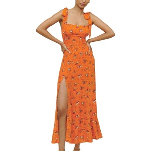 image:imageLYANER Womens Tie Shoulder Strap Square Neck Sleeveless Tie Waist Side Split Slit Printed Midi DressOrange