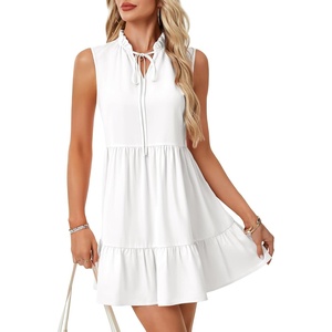 image:imageLYANER Womens V Neck Tie Knot Ruffle Trim Sleeveless Ruched Tiered Flowy Mini DressWhite