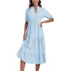 image:imageLYANER Womens Casual Striped Print V Neck Puff Short Sleeve Ruffle Hem Midi Dress Light Blue Medium