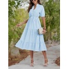 image:imageLYANER Womens Casual Striped Print V Neck Puff Short Sleeve Ruffle Hem Midi Dress Light Blue Medium