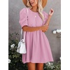 image:imageLYANER Womens Crewneck High Waist Puff Short Sleeve Button Back Babydoll Aline Mini DressLight Purple
