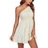 image:imageLYANER Womens One Shoulder Smocked Shirred Tiered Ruffle Sleeveless ALine Mini DressBeige