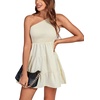image:imageLYANER Womens One Shoulder Smocked Shirred Tiered Ruffle Sleeveless ALine Mini DressBeige