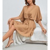 image:imageLYANER Womens Satin V Neck Twist Ruffle Flowy Swing Short Sleeve Elegant Mini DressBaby Light Brown