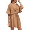 image:imageLYANER Womens Satin V Neck Twist Ruffle Flowy Swing Short Sleeve Elegant Mini DressBaby Light Brown