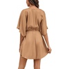 image:imageLYANER Womens Satin V Neck Twist Ruffle Flowy Swing Short Sleeve Elegant Mini DressBaby Light Brown