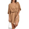 image:imageLYANER Womens Satin V Neck Twist Ruffle Flowy Swing Short Sleeve Elegant Mini DressBaby Light Brown