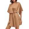 image:imageLYANER Womens Satin V Neck Twist Ruffle Flowy Swing Short Sleeve Elegant Mini DressBaby Light Brown