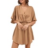 image:imageLYANER Womens Satin V Neck Twist Ruffle Flowy Swing Short Sleeve Elegant Mini DressBaby Light Brown