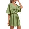 image:imageLYANER Womens Satin V Neck Twist Ruffle Flowy Swing Short Sleeve Elegant Mini DressPea Green