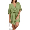 image:imageLYANER Womens Satin V Neck Twist Ruffle Flowy Swing Short Sleeve Elegant Mini DressPea Green