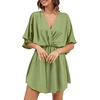 image:imageLYANER Womens Satin V Neck Twist Ruffle Flowy Swing Short Sleeve Elegant Mini DressPea Green