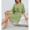 image:imageLYANER Womens Satin V Neck Twist Ruffle Flowy Swing Short Sleeve Elegant Mini DressPea Green