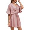 image:imageLYANER Womens Satin V Neck Twist Ruffle Flowy Swing Short Sleeve Elegant Mini DressSolid Dusty Pink