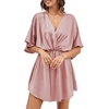 image:imageLYANER Womens Satin V Neck Twist Ruffle Flowy Swing Short Sleeve Elegant Mini DressSolid Dusty Pink