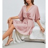 image:imageLYANER Womens Satin V Neck Twist Ruffle Flowy Swing Short Sleeve Elegant Mini DressSolid Dusty Pink