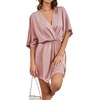 image:imageLYANER Womens Satin V Neck Twist Ruffle Flowy Swing Short Sleeve Elegant Mini DressSolid Dusty Pink