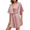 image:imageLYANER Womens Satin V Neck Twist Ruffle Flowy Swing Short Sleeve Elegant Mini DressSolid Dusty Pink