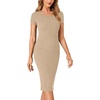 image:imageLYANER Womens Summer Round Neck Short Sleeve Ribbed Knit Bodycon Pencil Midi DressKhaki