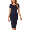 image:imageLYANER Womens Summer Round Neck Short Sleeve Ribbed Knit Bodycon Pencil Midi DressNavy Blue