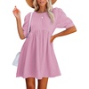 image:imageLYANER Womens Crewneck High Waist Puff Short Sleeve Button Back Babydoll Aline Mini DressLight Purple