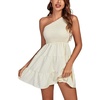 image:imageLYANER Womens One Shoulder Smocked Shirred Tiered Ruffle Sleeveless ALine Mini DressBeige