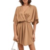image:imageLYANER Womens Satin V Neck Twist Ruffle Flowy Swing Short Sleeve Elegant Mini DressBaby Light Brown