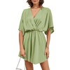 image:imageLYANER Womens Satin V Neck Twist Ruffle Flowy Swing Short Sleeve Elegant Mini DressPea Green