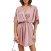 image:imageLYANER Womens Satin V Neck Twist Ruffle Flowy Swing Short Sleeve Elegant Mini DressSolid Dusty Pink