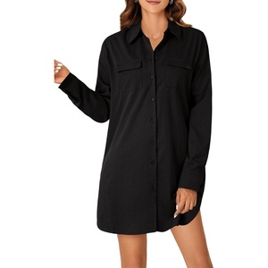 image:imageLYANER Womens Casual Button Down Shirt Dress Collared V Neck Long Sleeve Mini DressesBlack