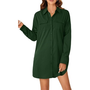 image:imageLYANER Womens Casual Button Down Shirt Dress Collared V Neck Long Sleeve Mini DressesDark Green