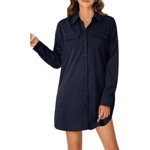 image:imageLYANER Womens Casual Button Down Shirt Dress Collared V Neck Long Sleeve Mini DressesNavy Blue