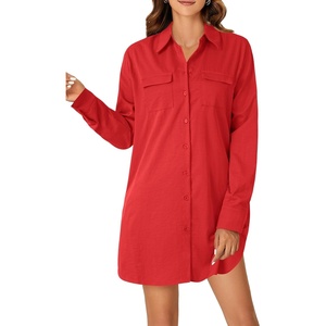 image:imageLYANER Womens Casual Button Down Shirt Dress Collared V Neck Long Sleeve Mini DressesRed