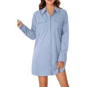 image:imageLYANER Womens Casual Button Down Shirt Dress Collared V Neck Long Sleeve Mini DressesSky Blue