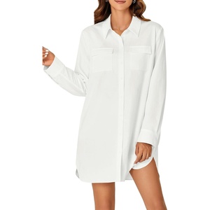 image:imageLYANER Womens Casual Button Down Shirt Dress Collared V Neck Long Sleeve Mini DressesSolid White