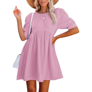 image:imageLYANER Womens Crewneck High Waist Puff Short Sleeve Button Back Babydoll Aline Mini DressLight Purple