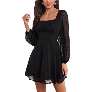 image:imageLYANER Womens Polka Dots Square Neck A line Long Sleeve Swiss Dots Mini DressBlack