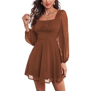 image:imageLYANER Womens Polka Dots Square Neck A line Long Sleeve Swiss Dots Mini DressCaramel