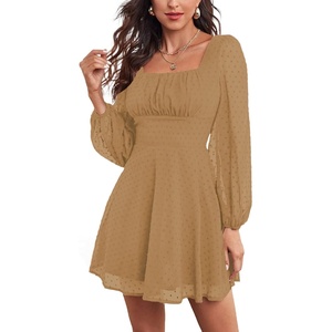 image:imageLYANER Womens Polka Dots Square Neck A line Long Sleeve Swiss Dots Mini DressKhaki